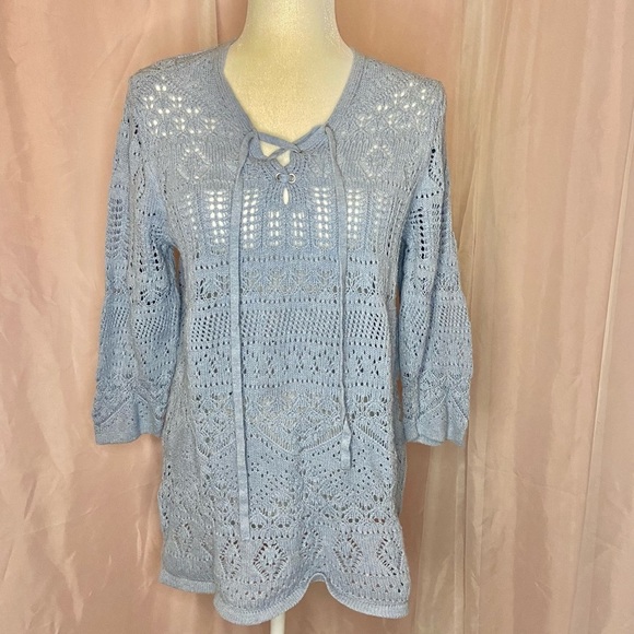 Jeanne Pierre Crochet Knit 100% Cotton 3/4 Sleeve Sweater Top Pastel‎ Blue BB135 - Picture 1 of 8